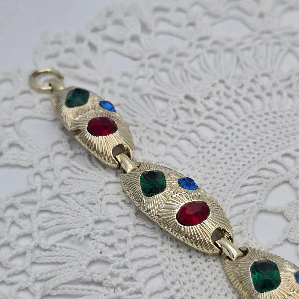 Vintage Multi Color Rhinestone Link Bracelet Gold Tone Red Green Blue